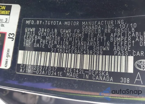 2010 Toyota Corolla S из США, поврежденный, VIN 2T1BU4EE8AC498299